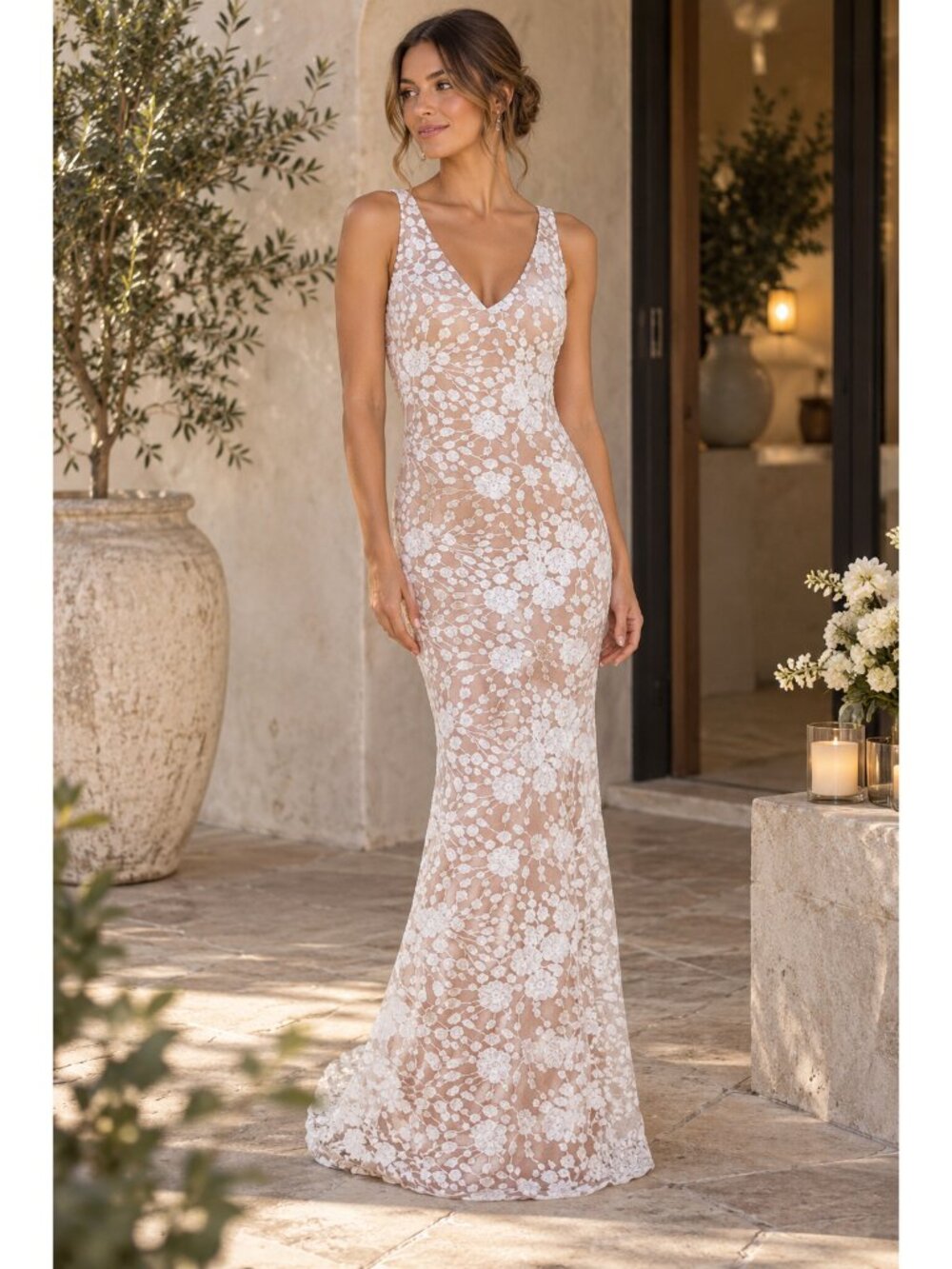 Los Angeles Boutique V-Neck Low Back White Mesh Tulle Sequin Maxi Dress Gown M